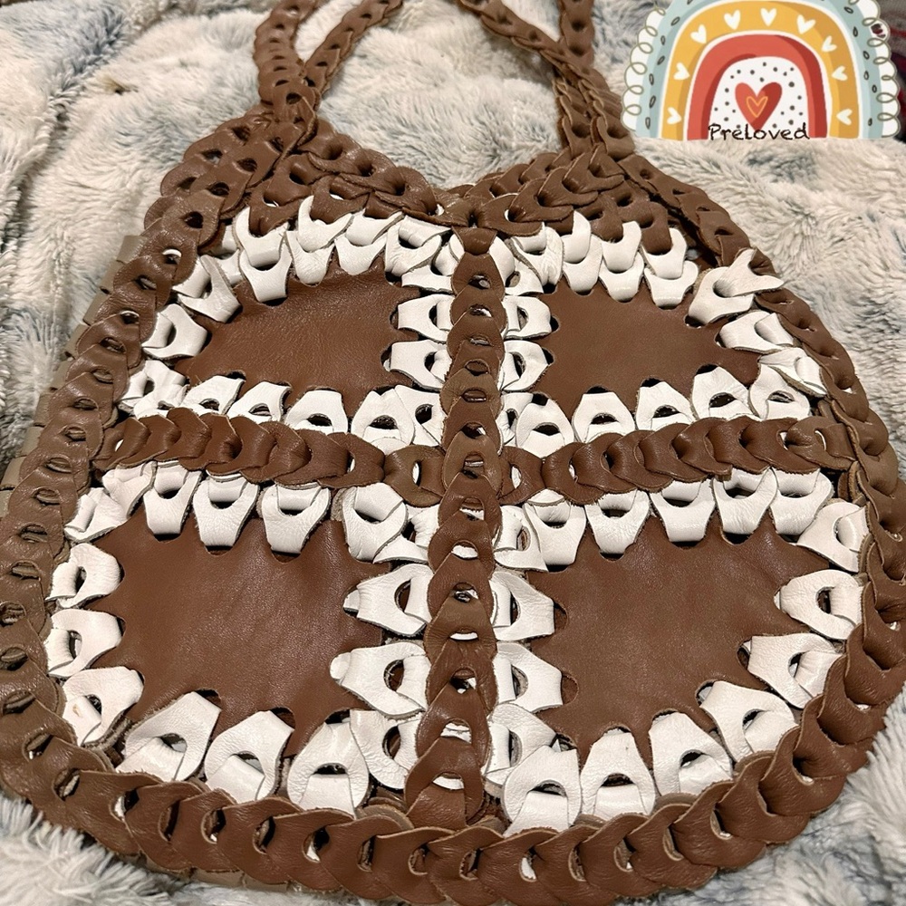 EUC Braided Chain-Link Leather Bag Brown/White Vintage Hobo Bag